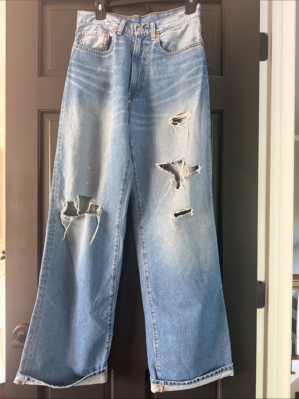 Ripped High-Rise Wide-Leg Jeans - Light Blue
